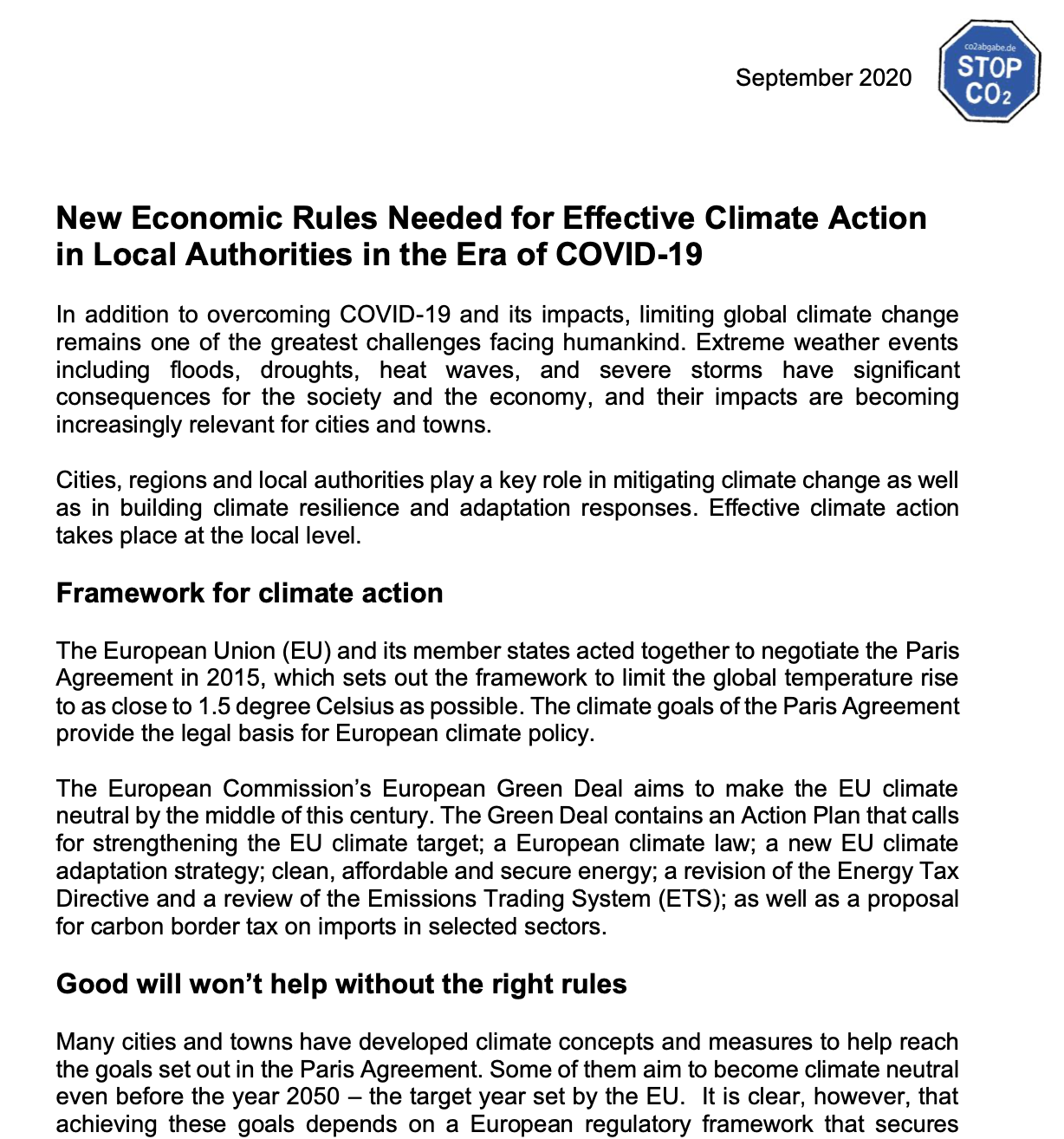 New Economic Rules Needed for Effective Climate Action in Local Authorities in the Era of COVID-19