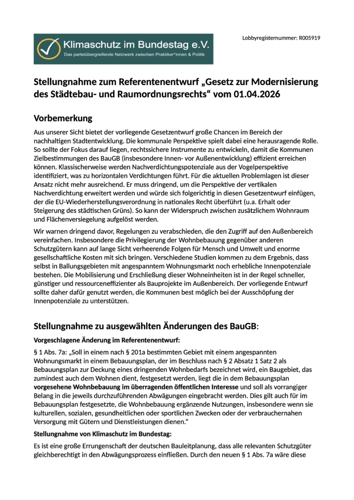 Stellungnahme zum Referentenentwurf „Gesetz zur Modernisierung des Städtebau und Raumordnungsrechts“ vom 01.04.2026